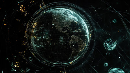 This stunning image showcases a digital representation of Earth, highlighting North and South America with glowing city lights in a high-tech environment.の素材