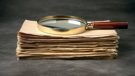 A vintage magnifying glass rests on a stack of aged paper documents against a dark background. This image evokes themes of exploration, analysis, and investigation, perfect for educational content.の素材