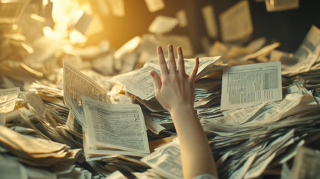 A hand reaches out from a chaotic pile of documents, illuminated by soft light, symbolizing the struggle of managing overwhelming information in a workspace.の素材