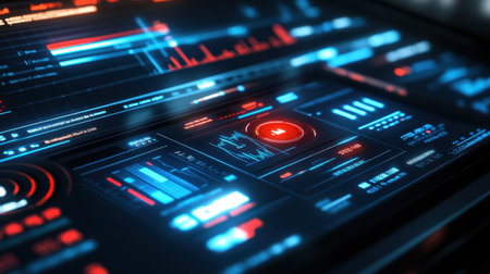 This image showcases a high-tech data visualization interface featuring various graphs and charts that represent analytical data in a modern setting.の素材