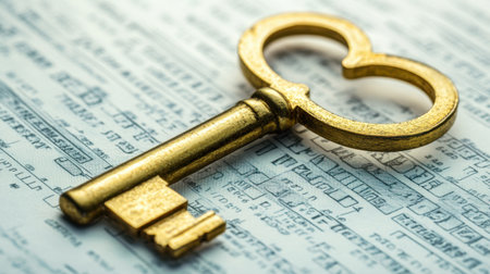 This captivating close-up features a vintage key resting on delicate sheet music, combining historical charm with artistic expression in a warm light.の素材