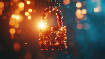 This captivating image features a glowing padlock suspended from a chain, set against an artistic dark background filled with sparkling lights, symbolizing security.の素材