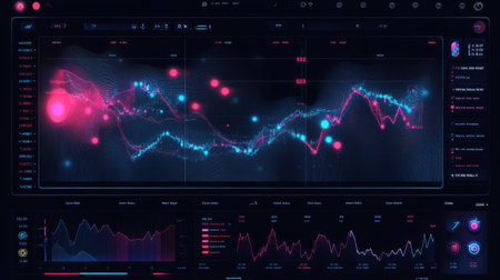 Vibrant abstract digital chart showcasing financial analysis with colorful data visualizations, graphs, and statistical trends ideal for business presentations.の素材