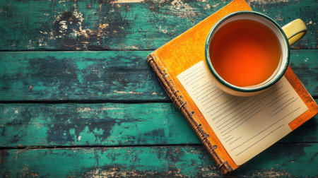 A warm cup of tea sits on a vintage notebook, resting on an old wooden table. This cozy scene evokes a sense of relaxation and inspiration while inviting moments of reflection.の素材