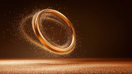 A captivating gold ring floats in motion, surrounded by sparkling dust, creating a sense of luxury and elegance against a warm brown backdrop.の素材
