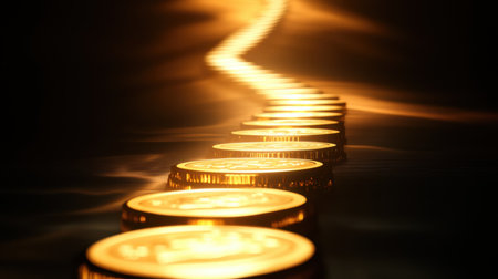 A stunning visual of glimmering golden coins arranged in a line, reflecting soft light against a dark background, creating an elegant and captivating scene.の素材