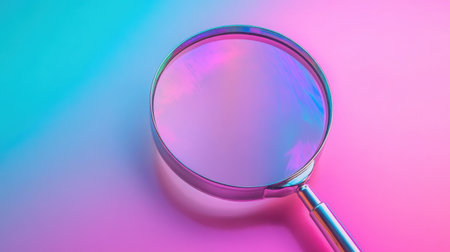 This image showcases a magnifying glass placed on a vibrant pink and blue background, featuring colorful reflections and a soft focus effect. Perfect for concepts of exploration and analysis.の素材