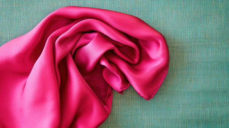 This image features an elegant pink silk fabric draped gracefully against a textured green background, offering a vibrant contrast that inspires creativity in design and fashion.の素材