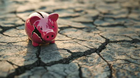 A cracked pink piggy bank sits isolated on dry, cracked ground, symbolizing economic challenges and financial struggle confronted by many.の素材