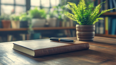 A serene workspace featuring a leather notebook and pen resting on a wooden desk. Lush greenery in background adds fresh ambiance and inspiration.の素材