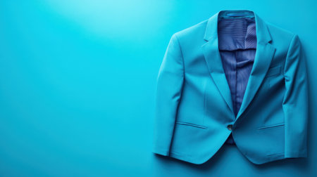 A stylish blue blazer displayed flat against a vibrant blue background, showcasing modern fashion trends for both business and casual occasions.の素材