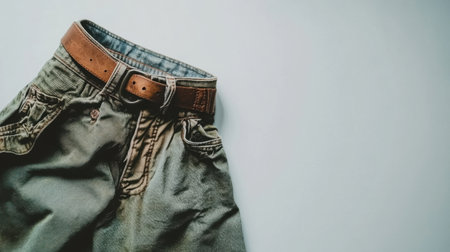 A stylish pair of casual pants with a brown leather belt laid out on a light background, perfect for fashion and lifestyle compositions.の素材