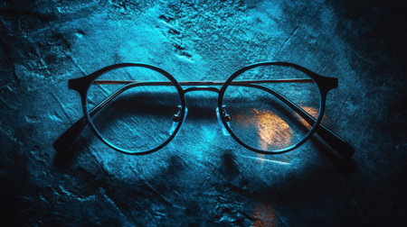 A pair of stylish round glasses rests on a textured surface, illuminated with dramatic blue lighting, showcasing reflections and artistic design elements.の素材