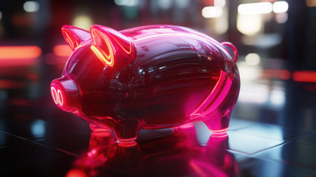 A vibrant pink piggy bank stands out with glowing neon lights on a glossy surface, capturing modern financial themes of saving and investment.の素材