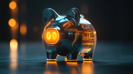 This image showcases a futuristic piggy bank featuring an illuminated design that blends technology with financial concepts, ideal for modern decor and innovation themes.の素材
