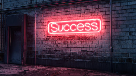 A striking neon sign displaying the word "Success" shines brightly against a weathered urban wall, evoking feelings of motivation and creativity at night.の素材