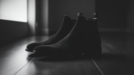 A pair of elegant black suede ankle boots sits gracefully on a wooden floor, highlighted by soft natural light creating a minimalist look.の素材