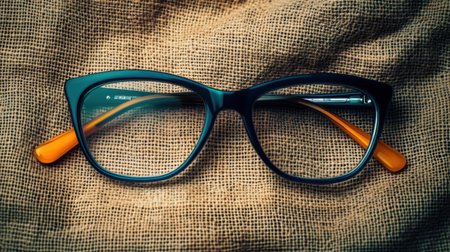 Eye-catching image of fashionable eyeglasses with orange arms on a textured burlap surface. Perfect for highlighting modern eyewear and lifestyle themes.の素材
