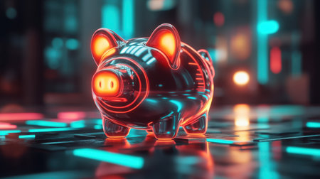 This vibrant neon piggy bank stands out in a high-tech environment, symbolizing savings and financial growth with a modern aesthetic and playful charm.の素材