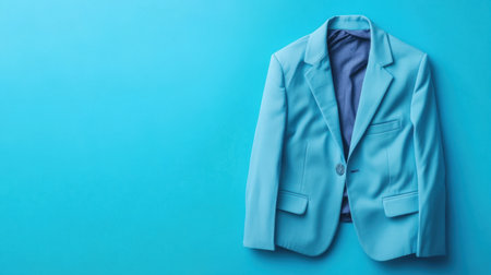 A stylish light blue suit jacket laid flat against a vibrant background, showcasing modern design and elegance, ideal for fashion photography and presentations.の素材