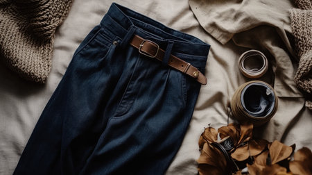 This image features elegant navy trousers secured with a leather belt, complemented by rustic accessories on a soft fabric background, creating a cozy atmosphere.の素材