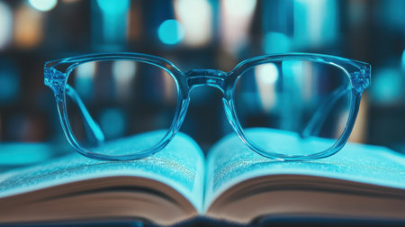 A pair of clear glasses sits on an open book, symbolizing education and enlightenment. The blurred bookshelves in the background add depth, creating an inviting study atmosphere.の素材