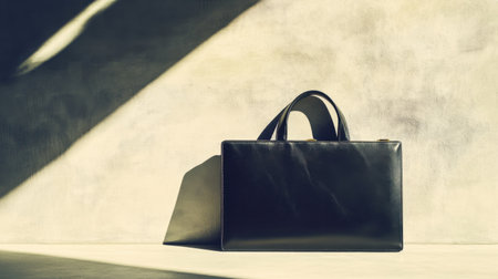 A sleek black leather handbag rests on a minimalist surface, beautifully illuminated by natural light that creates intricate shadows, embodying elegance and simplicity.の素材
