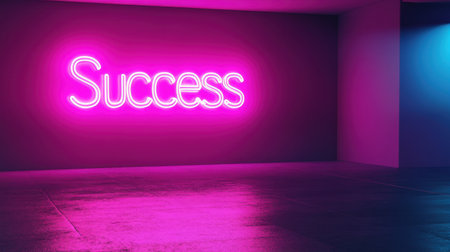 This vibrant image features neon lights spelling the word "Success" in a modern interior space, creating a motivational and inspirational atmosphere with striking pink and blue hues.の素材