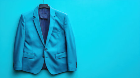 This vibrant blue blazer is showcased elegantly on a hanger against a bright turquoise backdrop, perfect for fashion enthusiasts and designers.の素材
