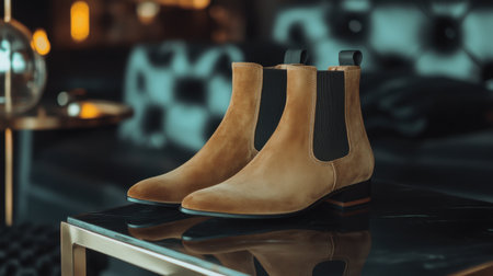 A pair of stylish brown suede ankle boots displayed elegantly on a glossy table within a modern and sophisticated interior, showcasing a luxurious ambiance.の素材