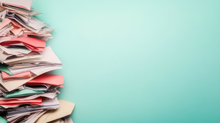 A vibrant stack of colorful papers piled chaotically against a soft background, symbolizing the clutter and distractions often found in office settings.の素材