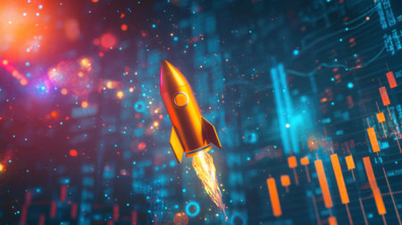 A vibrant and colorful rocket is launching into a digital space filled with abstract elements, representing innovation, growth, and technology.の素材