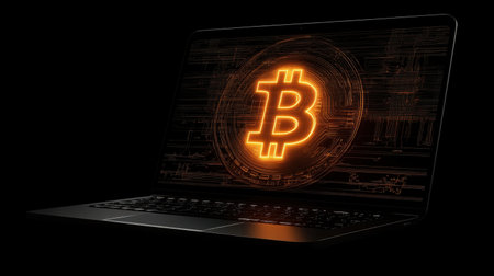 A visually striking depiction of a bright Bitcoin symbol displayed on a modern laptop screen, set against a dark background, representing digital finance.の素材
