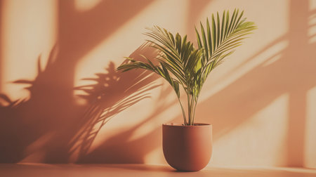 A beautiful indoor plant in a terracotta pot showcases vibrant green leaves, casting gentle shadows on a sunlit wall, ideal for home decor inspiration.の素材