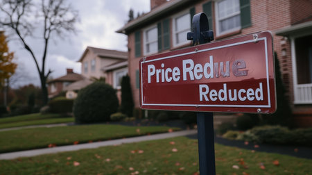 A real estate sign in a residential neighborhood indicates a price reduction on a property, surrounded by well-maintained lawns and homes.の素材