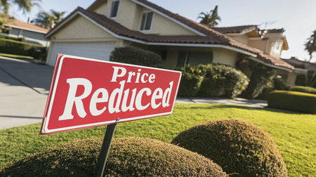 A striking 'Price Reduced' sign displayed prominently in front of a charming residential home, showcasing well-maintained landscaping and inviting atmosphere.の素材