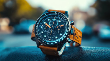 This stunning watch features a black dial with chronograph functions and a brown leather strap, perfect for fashion-forward individuals who value style and precision.の素材