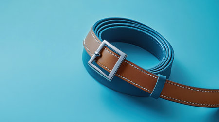 This stylish two-tone leather belt features a modern buckle and elegant stitching, perfectly set against a smooth blue background, ideal for fashion projects.の素材