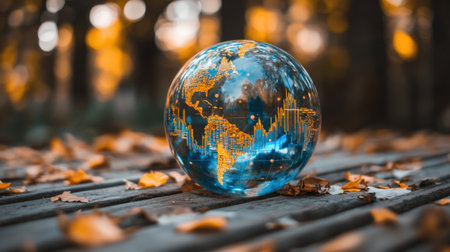 A visually striking globe featuring a glowing world map and financial data visualization sits atop a wooden surface, surrounded by autumn leaves.の素材