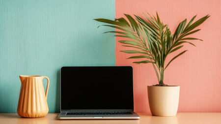 This image showcases a stylish modern workspace featuring a laptop, green plant, and minimalistic pitcher set against a vibrant pastel background, creating a serene and inspiring atmosphere.の素材