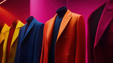 A striking display of colorful blazers arranged elegantly on mannequins showcases modern fashion trends in a retail setting with vibrant lighting.の素材