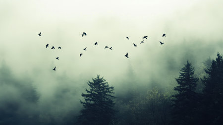 A captivating scene of birds soaring over a fog-drenched forest, where evergreen trees rise against a muted backdrop, evoking feelings of peace and nature's beauty.の素材