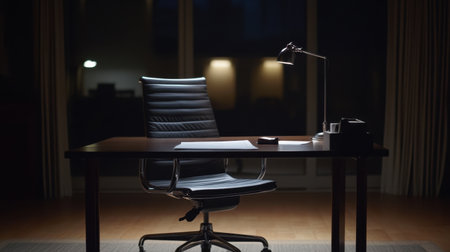 This image features a stylish office desk with an ergonomic chair and a sleek desk lamp, set in a dimly lit environment, evoking a calm and sophisticated atmosphere suitable for professional work or study.の素材