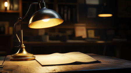 A beautifully lit desk featuring a classic lamp and an open book creates a serene and inviting atmosphere, perfect for studying or reflection at night.の素材