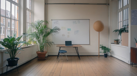 A bright and minimalist office interior featuring a desk and chair, surrounded by plants and a whiteboard. This serene workspace promotes creativity and focus.の素材