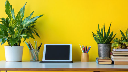 A bright and inviting workspace featuring a tablet, various green plants, and colorful stationery on a sleek desk against a vivid yellow wall. Perfect for inspiration.の素材