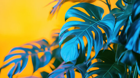 A striking close-up of vibrant monstera leaves against a bright yellow background, perfect for showcasing plant beauty and tropical aesthetics.の素材