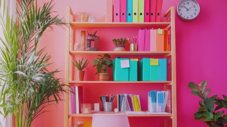 Explore a colorful office space featuring bright pink walls, neatly arranged shelves filled with vibrant organizers, plants, and a stylish clock. Perfect for inspiring creativity and productivity.の素材