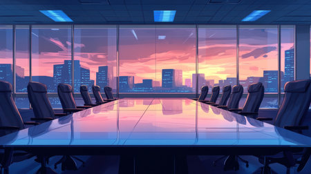 A stunning modern conference room featuring a sleek table and panoramic windows offering breathtaking views of a vibrant city skyline at sunset.の素材