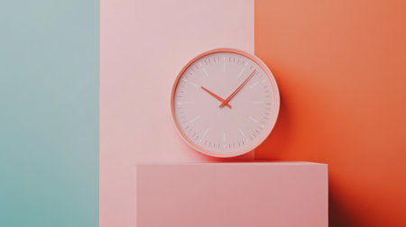 A minimalist clock stands against a vibrant and geometric background in pastel shades of pink, blue, and orange, elevating contemporary decor aesthetics.の素材